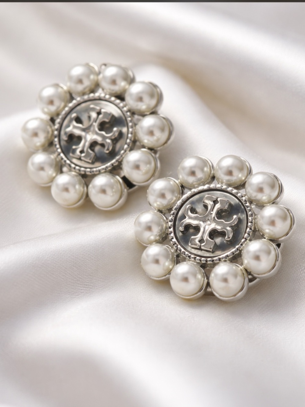 Tory Burch Silver and Pearl Medallion Stud Earrings